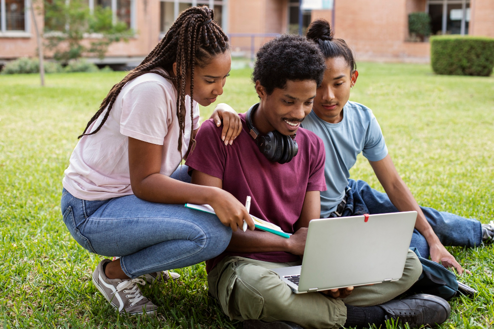 Happy black students studying